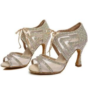 Dance & Sway Gold Satin Rhinestone Lace-Up Dance Boots - US 10 - 2.3" Cuban Heel